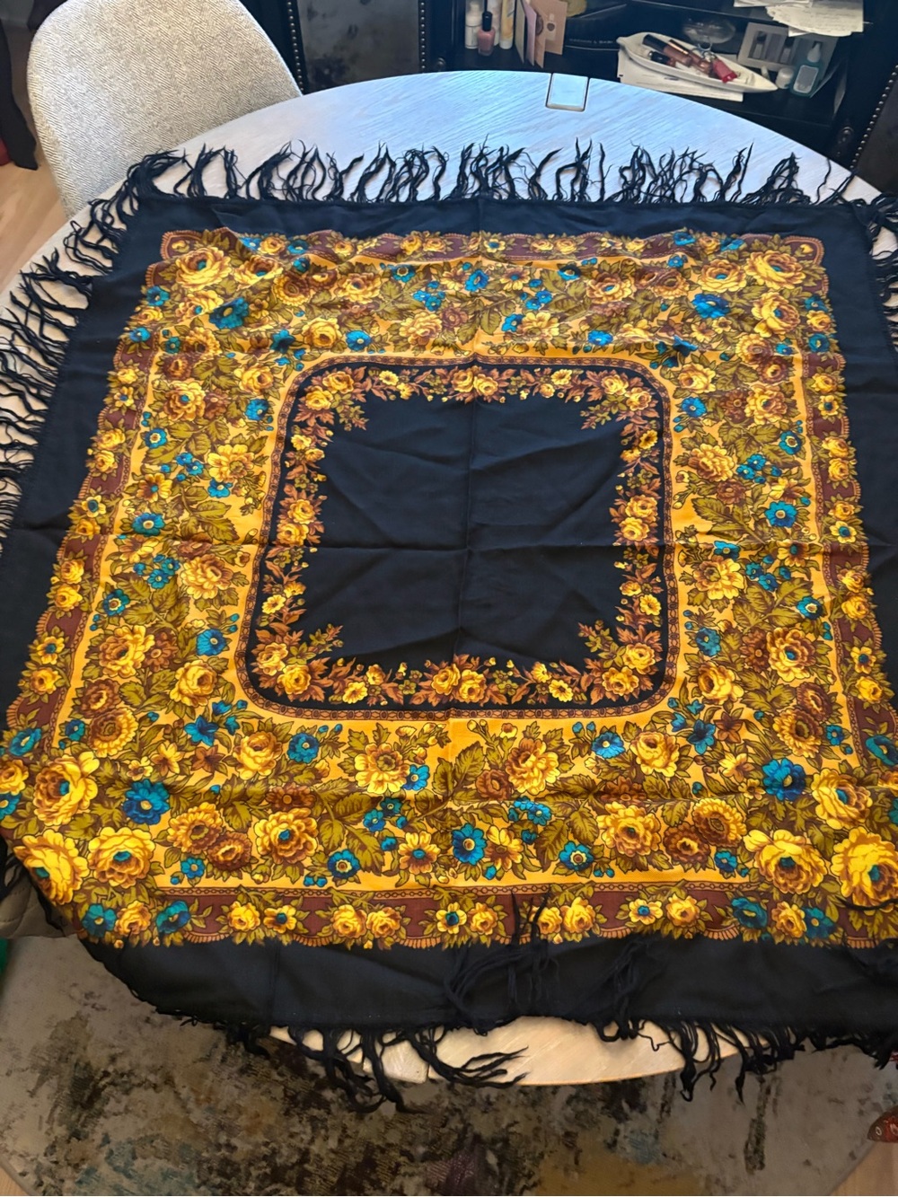 Black Floral Fringe Throw with Yellow and Blue Accents